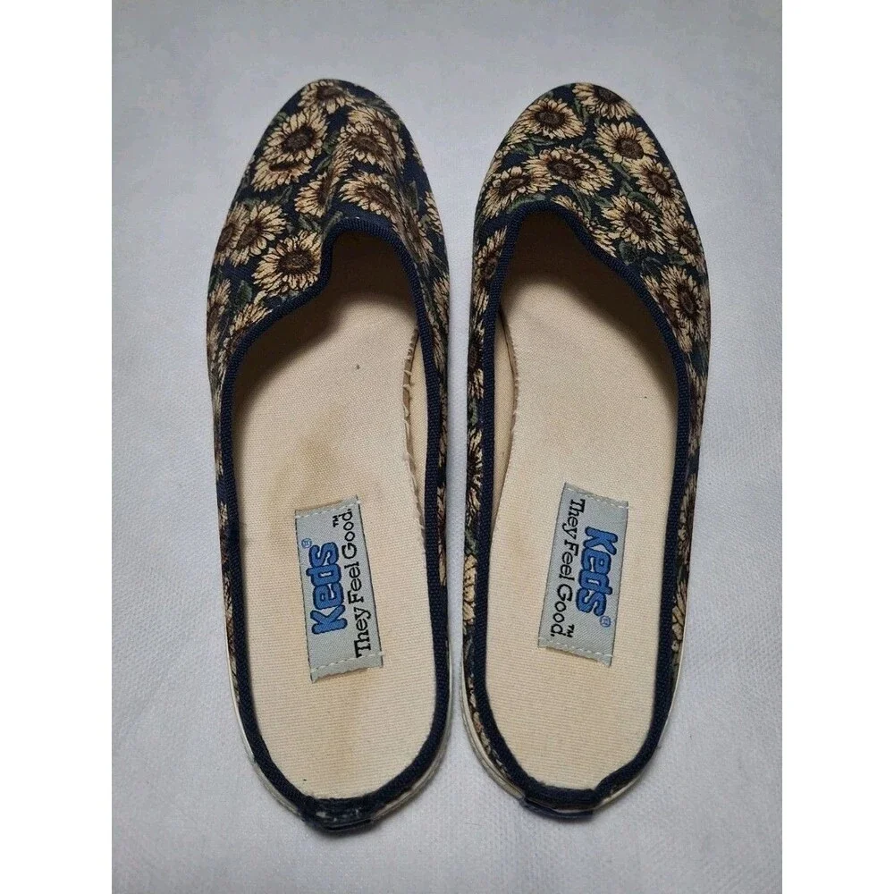Vintage Keds Bayshore Sunflower Canvas Slip on Sandals Mules Women's 7.5 Navy Bl - Picture 8 of 9